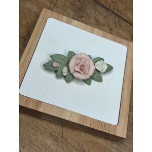 Handcrafted Floral Porcelain Brooch With Pink & White Roses Green Leaves And Met